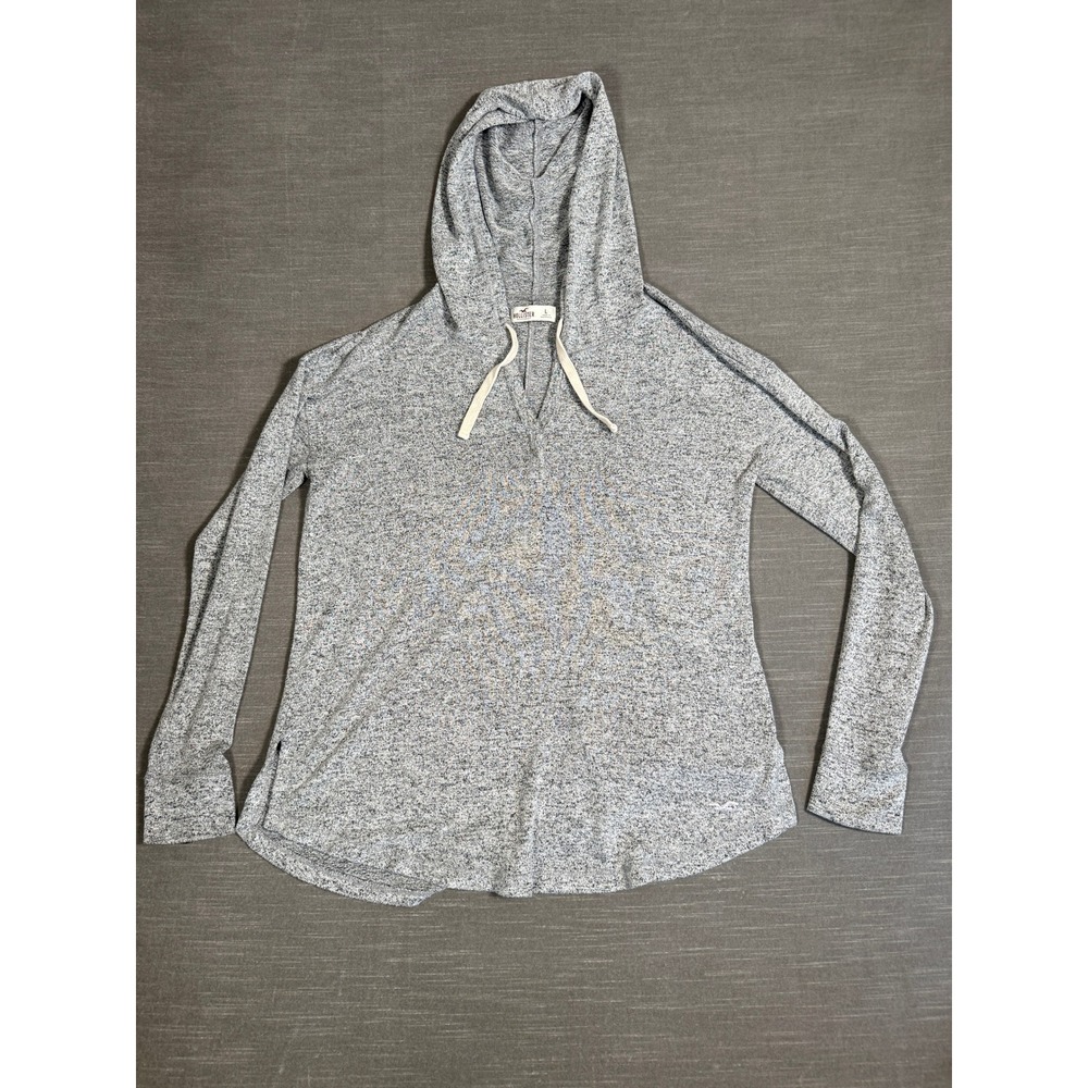 Hollister Womens Grey Marled Knit V-Neck Hoodie Sweatshirt Large lightweight‎